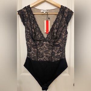 Popilush Black Lace V-Neck, Thong, Bodysuit